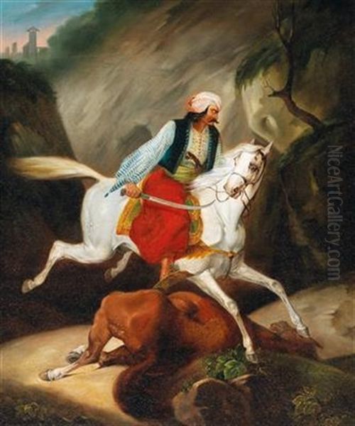 Oriental Warrior On Horseback Oil Painting by Emile Jean Horace Vernet