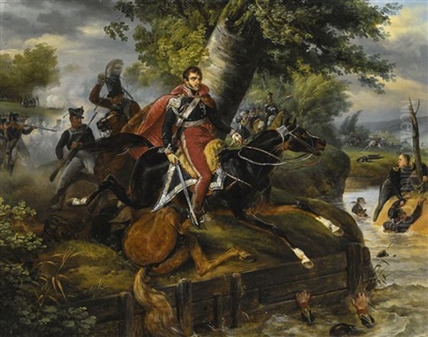 Death Of Prince Poniatowski On October 19th, 1813 Oil Painting by Emile Jean Horace Vernet