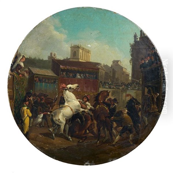 Le Depart De La Course Des Chevaux Libres A Rome Oil Painting by Emile Jean Horace Vernet