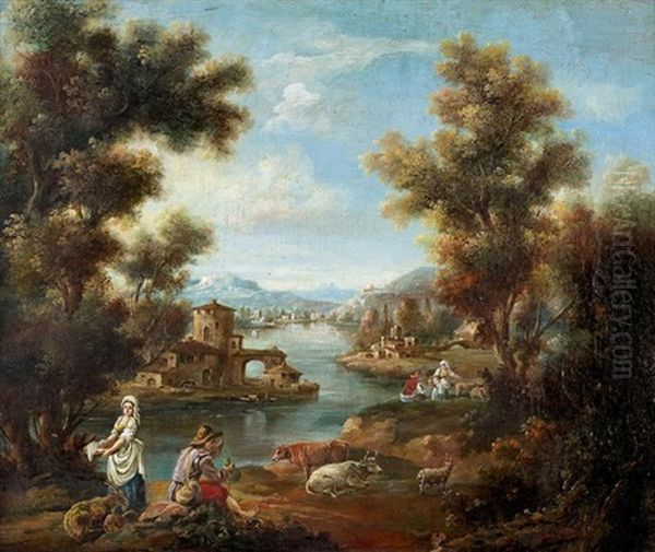 Idyllische Hirtenpartie Am Fluss Oil Painting by Jean Antoine Vernet