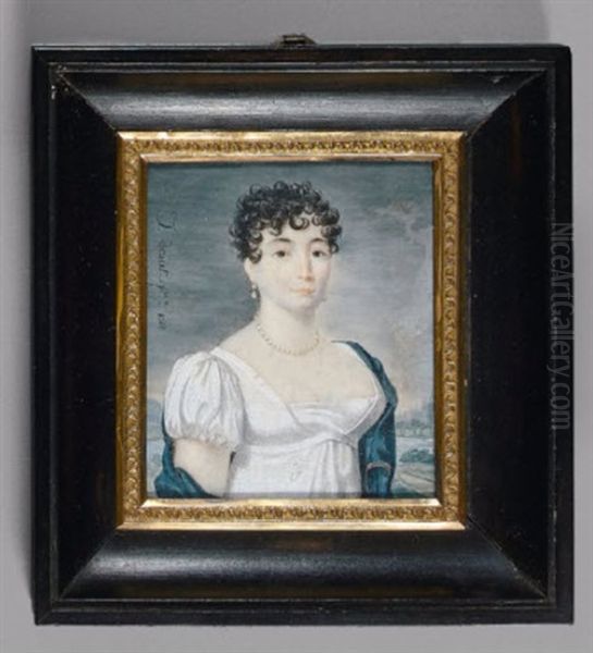 Portrait De Madame Felicite Vernet, Epouse De L'artiste, En Buste De Trois-quarts Vers La Droite, Presque De Face, En Robe De Voile Blanc A Haute Ceinture, Echarpe Bleue, Parure De Perles Et Coiffee De Boucles Oil Painting by Jules Vernet