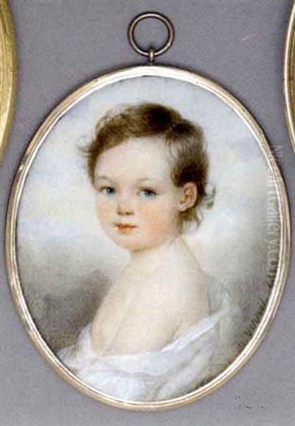 A Child, In Loose White Shift Dress, Curling Brown Hair, Sky And Cloud Background Oil Painting by Jules Vernet