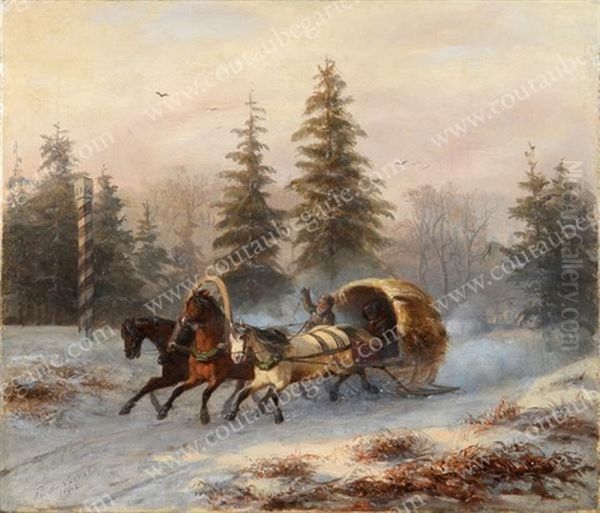 Troika Sous La Neige En Foret. Oil Painting by Pierre Marie Vernet