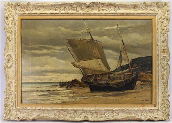 Painting Of A Beached Sailing Vessel Oil Painting by Emile Louis Vernier