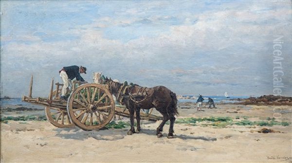 Mussel Gatherers, Probably In Normandy Oil Painting by Emile Louis Vernier