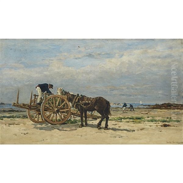 Horses And Wagon On Beach Oil Painting by Emile Louis Vernier