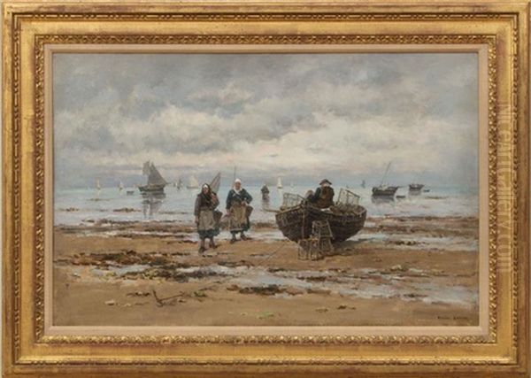 Fisherfolk On The Shore (pecheurs Sur La Plage) Oil Painting by Emile Louis Vernier