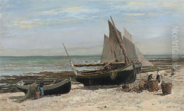 French Beach Scene With Fishing Boats And Woman Mending The Nets Oil Painting by Emile Louis Vernier