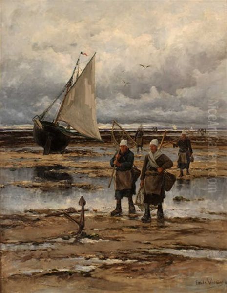 Pecheurs Aux Haveneaux, Plage De Concarneau 81 Oil Painting by Emile Louis Vernier