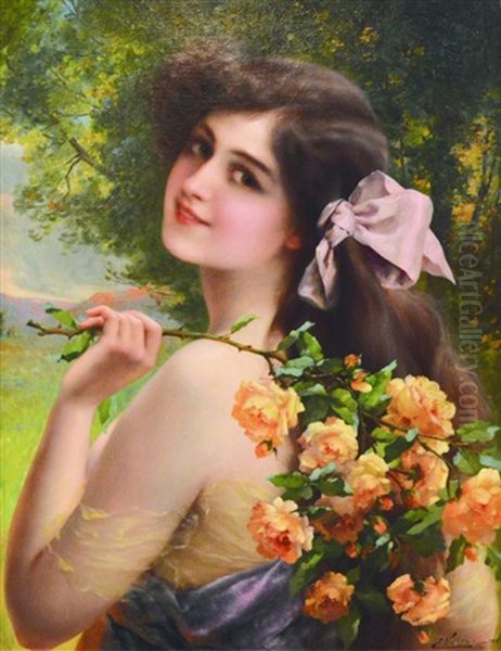 Jeune Femme Aux Roses (1911) Oil Painting by Emile Vernon