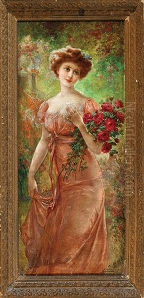 Young Beauty With A Bouquet Of Roses by Emile Vernon