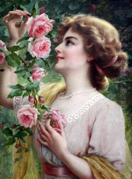 Lady Picking Pink Roses Oil Painting by Emile Vernon