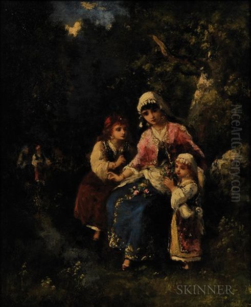 Three Girls At The Edge Of A Wood Oil Painting by Paul Vernon