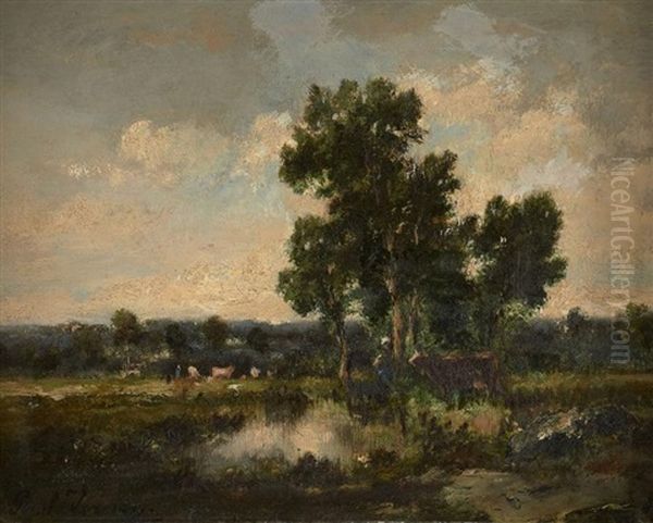 Vaches Pres D'un Etang Et Vue De L'entree D'un Village (2 Works) Oil Painting by Paul Vernon