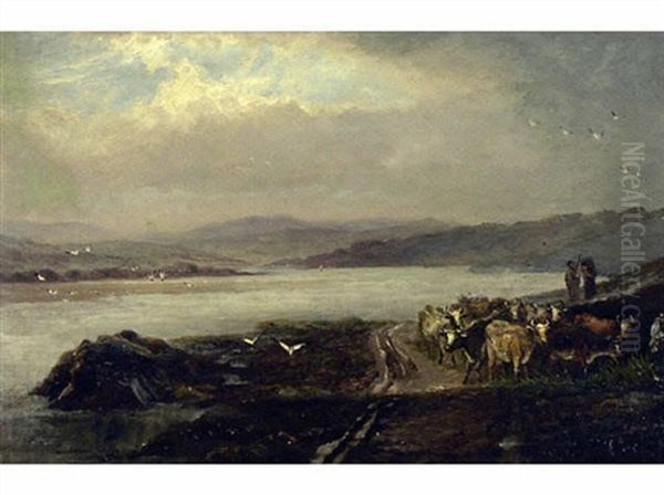 Untitled - Cattle By The Shore Oil Painting by William Henry Vernon