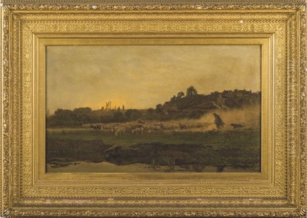 Landscape With Shepherd And Flock At Sunset Oil Painting by Alexandre Rene Veron