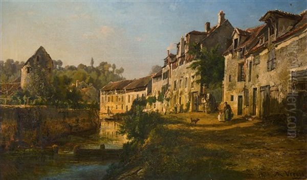 Ansicht Von Crecy-en-brie, Quai Des Tanneries Oil Painting by Alexandre Rene Veron