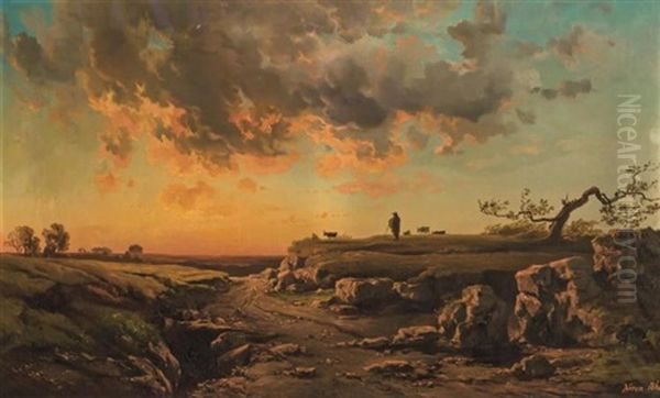 Goat Herder And Flock On A Low Bluff, Sunset Oil Painting by Alexandre Rene Veron