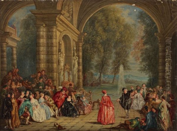 Assemblee De Personnages Dans Un Parc Et Quadrille En Plein Air (pair) (after Watteau) by Henriette Veron