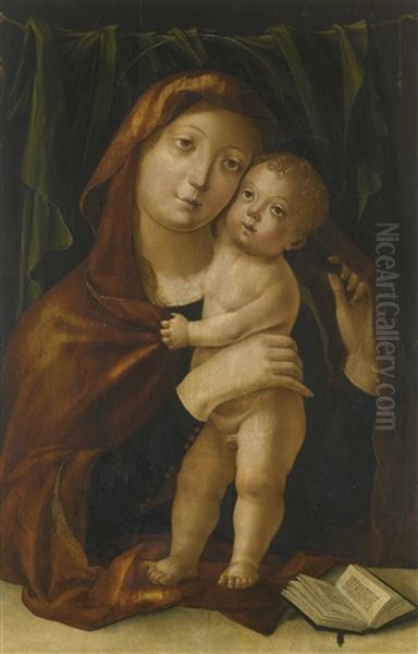 Madonna And Child, Before A Green Curtain With An Open Book Oil Painting by Liberale Da Verona