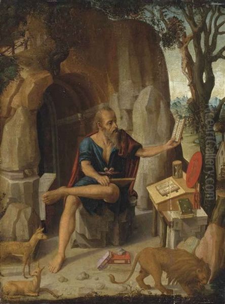 Saint Jerome Reading In The Wilderness Oil Painting by Michele Da Verona