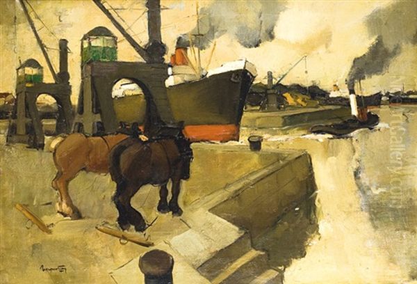 Chevaux De Trait Au Port Oil Painting by Oscar Verpoorten