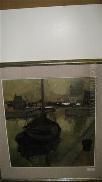 Platbodem Aan De Haven Oil Painting by Oscar Verpoorten