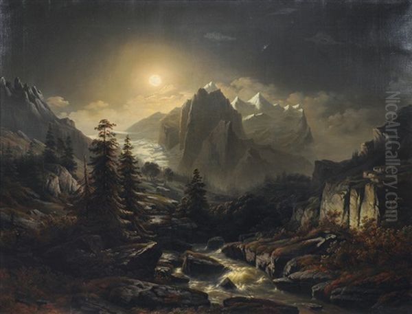 Mountain Landscape By Night Oil Painting by Jacob Johann Verreyt