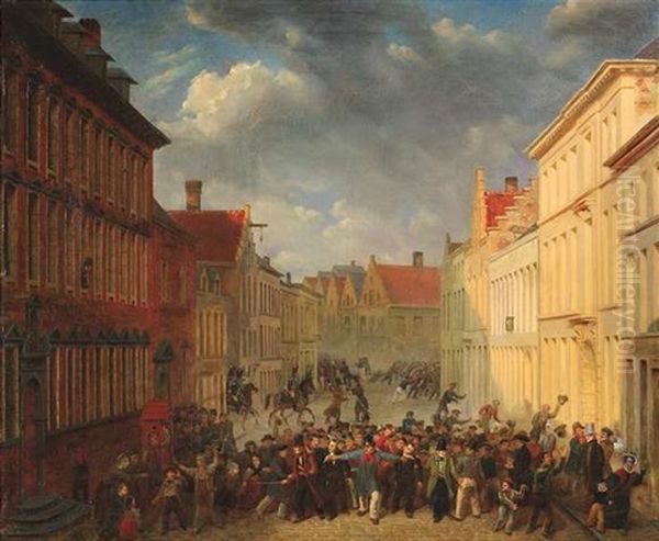 Der Aufstand Der Burger Von Antwerpen Gegen Die Niederlander Am 21. Mai 1833 Auf Dem Hauptplatz Oil Painting by Jacob Johann Verreyt