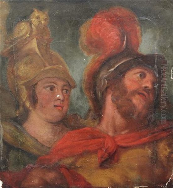 Head Study Of Classical Soldiers, One With An Owl Crested Helm, Reputedly From The Ceiling Of Windsor Castle Oil Painting by Antonio Verrio