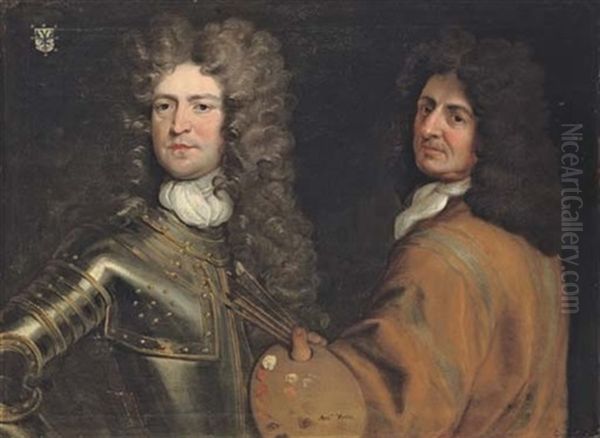 Double Portrait Of The Artist In A Buff Coat, With A Palette And Brushes In His Left Hand, With Brigadier-general Robert Killigrew, In Armour Oil Painting by Antonio Verrio