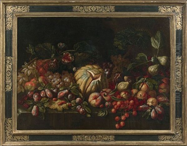 Melon, Peches Et Raisins Sur Un Entablement Et Composition Aux Melons, Pasteques, Figues Et Raisins (pair) Oil Painting by Agostino Verrocchi