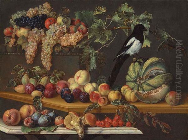 Peaches, Plums And A Melon On A Wooden Table, With A Magpie, Apples, Grapes And Other Fruit In The Background On A Stone Ledge, Ovoli Mushrooms... Oil Painting by Agostino Verrocchi