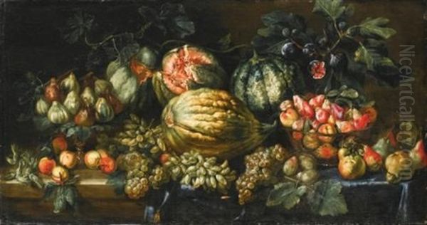 A Still Life With Apples, Grapes, Pears, Plums, All On A Partly-draped Ledge With Figs On A Dish And Watermelons Oil Painting by Agostino Verrocchi