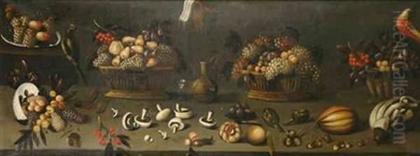 Still Life With Fruits, Vegetables, Wine And Birds Oil Painting by Agostino Verrocchi