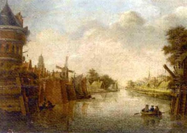 A Dutch Town On A Canal With Figures In A Boat by Theodor (Dirk) Verryck