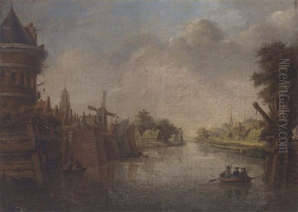 A Dutch Canal Side Town With Figures In A Boat Oil Painting by Theodor (Dirk) Verryck