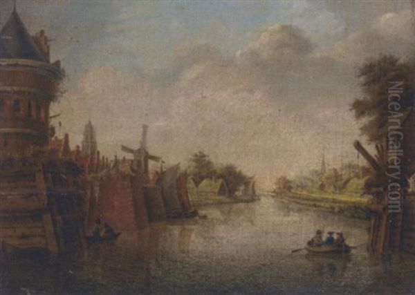 A Dutch Canal Side Town With Figures In A Boat Oil Painting by Theodor (Dirk) Verryck