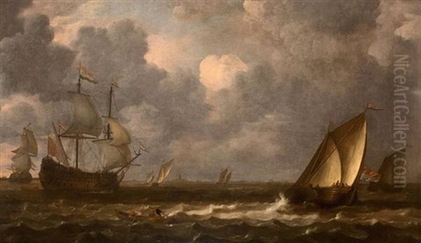 Navires Et Barque Sur Une Mer Agitee Oil Painting by Lieve Pietersz Verschuier