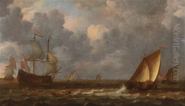 Ships And A Rowing Boat On A Choppy Sea Off The Coast Oil Painting by Lieve Pietersz Verschuier