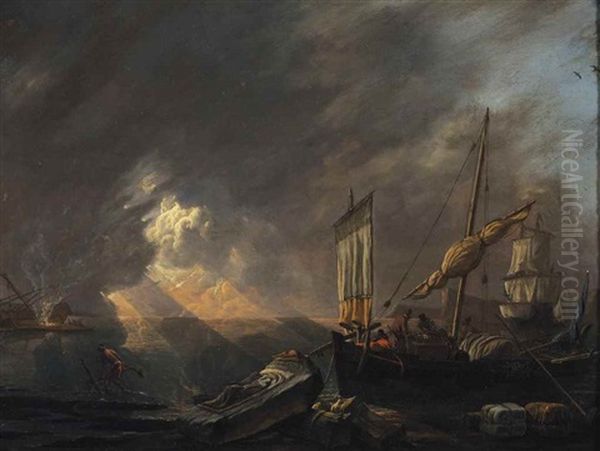 A Mediterranean Coast At Dawn With A Galliot Preparing To Unload Its Cargo, A Frigate Being Caulked Beyond Oil Painting by Lieve Pietersz Verschuier