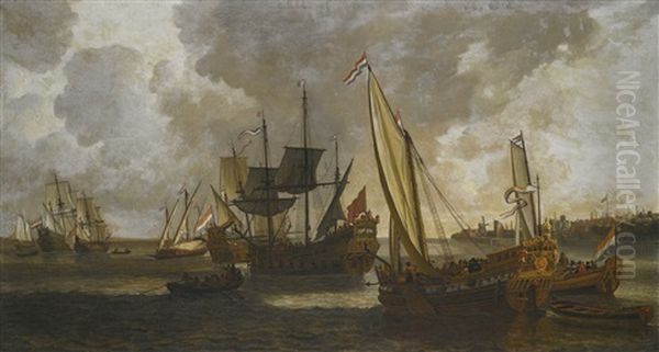 Yachts At Anchor, A View Of Rotterdam Beyond Oil Painting by Lieve Pietersz Verschuier