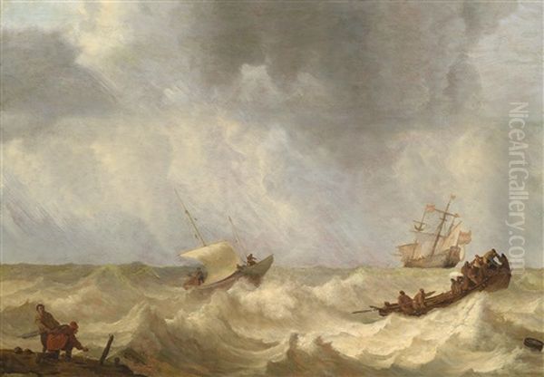 Ein Dreimaster Und Fischerboote Auf Bewegter See In Kustennahe Oil Painting by Lieve Pietersz Verschuier