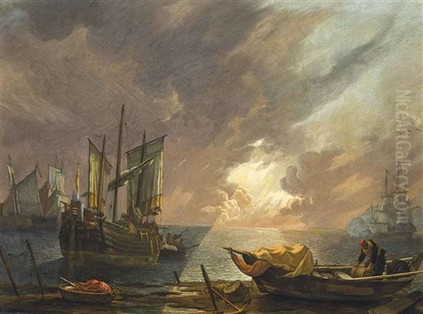 A Mediterranean Coastal Landscape At Dusk, With Fishermen Unloading Their Boats, And A Man-o-war Beyond Oil Painting by Lieve Pietersz Verschuier