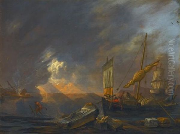 A Mediterranean Coast At Dawn With A Galliot Preparing To Unload Its Cargo Beside Classical Architectural Fragments, A Frigate Being Caulked Beyond Oil Painting by Lieve Pietersz Verschuier