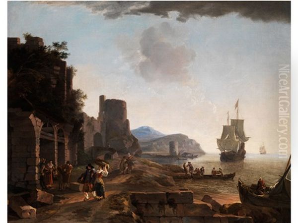 Sudliche Landschaft Mit Meeresbucht, Antikem Gemauer Und Rundturm Am Ufer Mit Figurenstaffage Oil Painting by Lieve Pietersz Verschuier