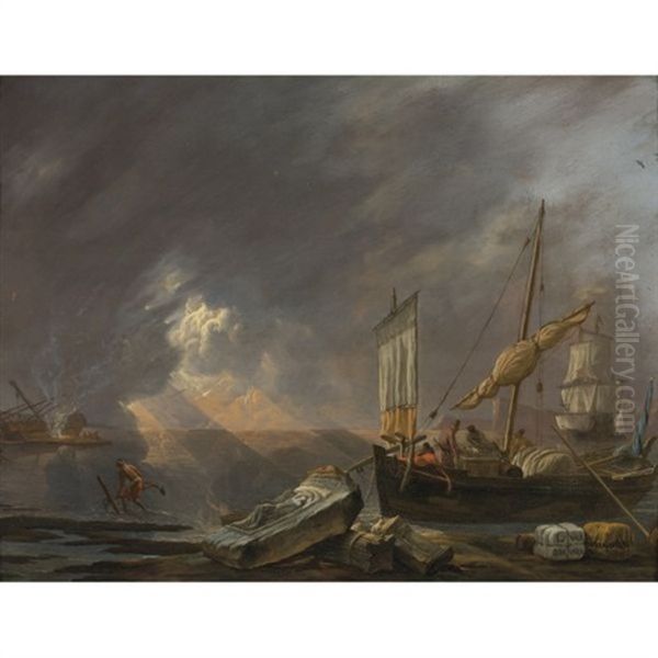 Mediterranean Coast At Dawn With A Galliot Preparing To Unload Its Cargo By Classical Architectural Fragments, A Frigate Being Caulked Beyond Oil Painting by Lieve Pietersz Verschuier