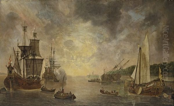 A Harbour With A Flute, A Frigate Firing A Salute, A Flute Being Careened And A States Yacht Oil Painting by Lieve Pietersz Verschuier