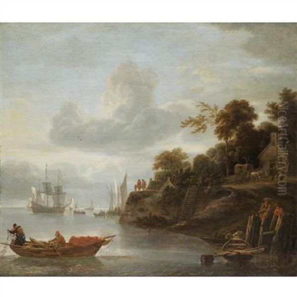 A River Estuary With Men Casting Their Nets And A Cottage And Horses Beyond Oil Painting by Lieve Pietersz Verschuier