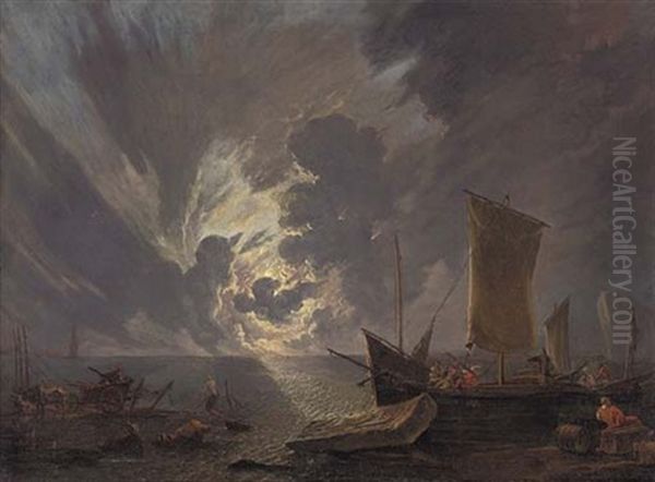 A Coastal Landscape At Sunset With Stevedores And Shipping Oil Painting by Lieve Pietersz Verschuier